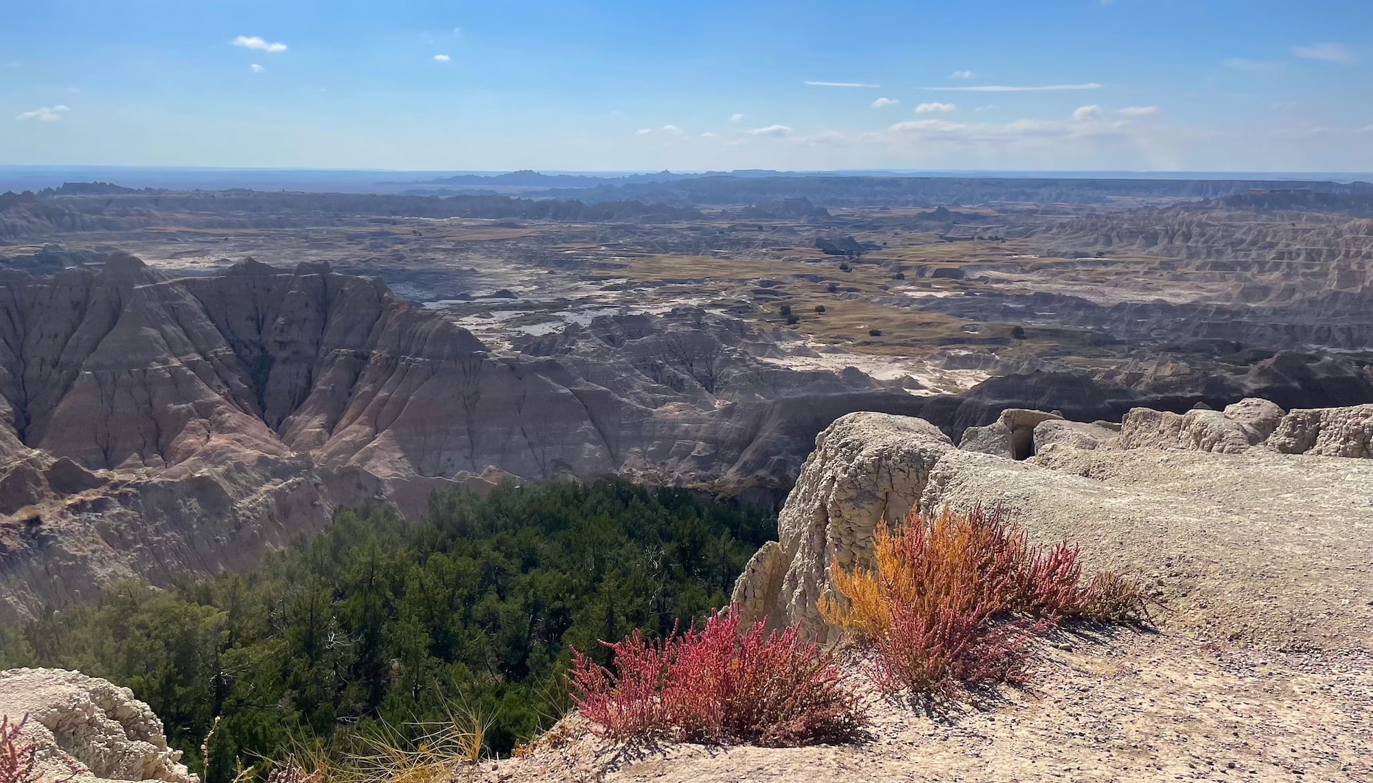 standing on a cliff, overlooking badlands nationak park