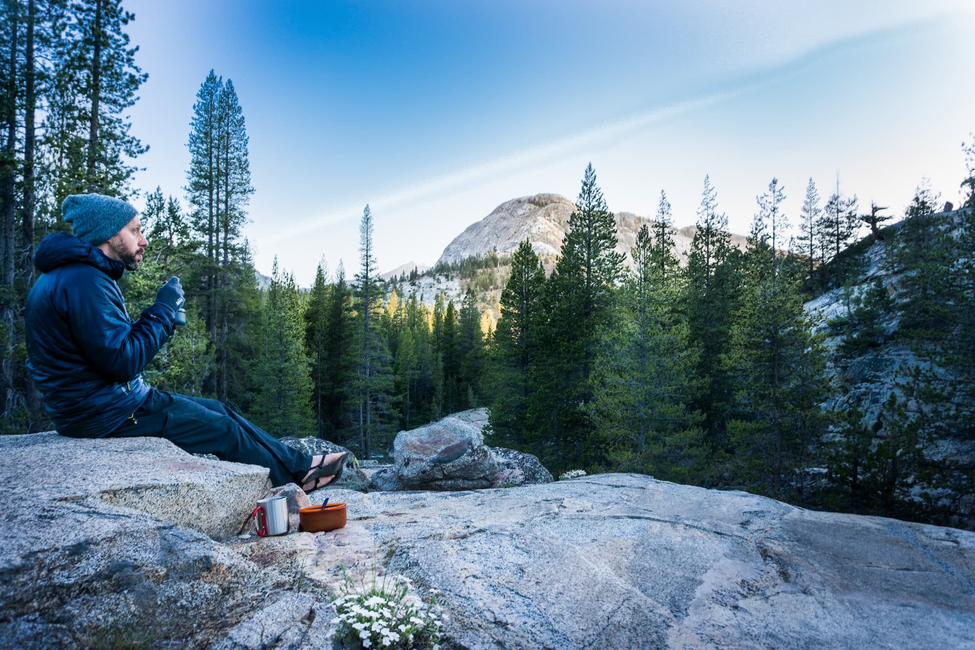 Eating breakfast on a brisk morning at camp